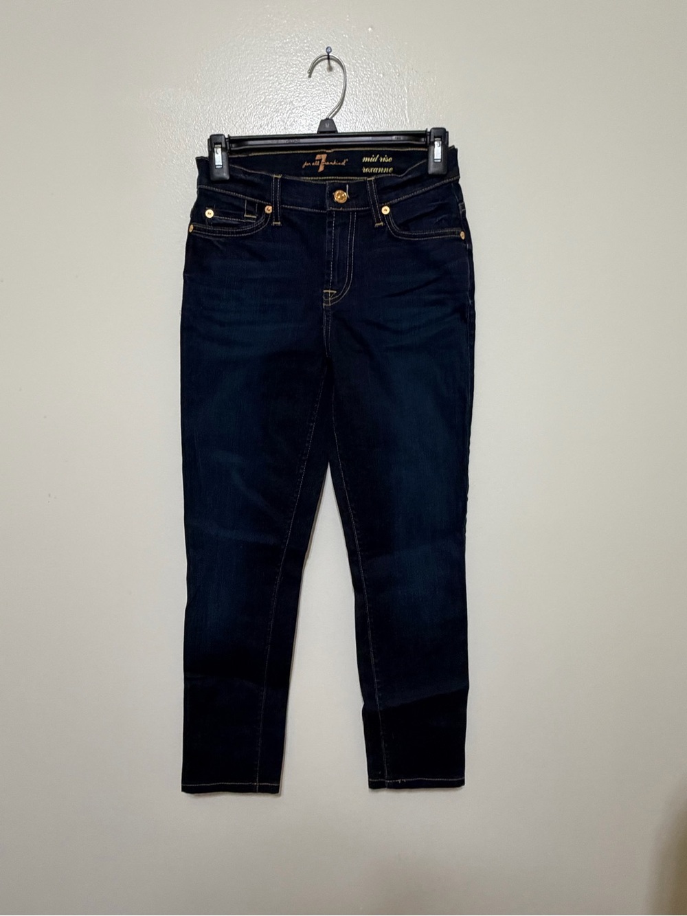 Dark wash Ankle Skinny Jeans with Gold Hardware — Women